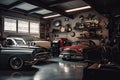 retro-style garage with classic cars, tools and music Royalty Free Stock Photo