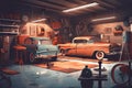 retro-style garage with classic cars, tools and music Royalty Free Stock Photo