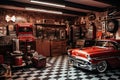 retro-style garage with classic cars, tools and music Royalty Free Stock Photo