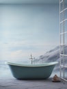 Retro style, green cast iron bathtub in a spa health resort with ocean view. Vintage aesthetics. Generative AI