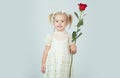 Retro style. happy birthday. wedding. little girl in vintage dress. Beauty. small kid with red rose. happy childhood