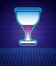 Retro style Holy grail or chalice icon isolated futuristic landscape background. Christian chalice. Christianity icon