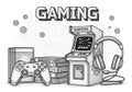 Cartridges, arcade machine labeled GAMING, and a headset are Royalty Free Stock Photo