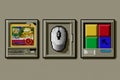 Retro style illustrations of vintage computer graphics include symbols for floppy disks, monitors, cursors, and command prompts Royalty Free Stock Photo