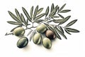 A retro-style image of an olives branch on a pure white background using risograph risoprint printing Royalty Free Stock Photo