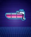 Retro style Inflatable boat with outboard motor icon isolated futuristic landscape background. 80s fashion party. Vector Royalty Free Stock Photo