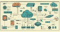 Retro-style infographic illustrates a complex digital network system with diagrams Royalty Free Stock Photo