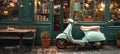 Retro-style Italian legendary scooter in pastel mint color rests beside cozy cafÃÂ© in old town center, awaiting its owner. An