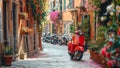 Retro-style Italian legendary scooter rests on narrow old town center street covered flowers petals, awaiting its owner. An