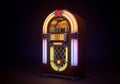 Retro-style jukebox with a wooden frame and illuminated elements in pink, yellow, and Royalty Free Stock Photo