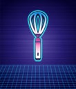 Retro style Kitchen whisk icon isolated futuristic landscape background. Cooking utensil, egg beater. Cutlery sign. Food