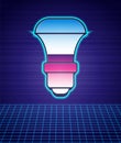 Retro style LED light bulb icon isolated futuristic landscape background. Economical LED illuminated lightbulb. Save