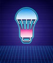 Retro style LED light bulb icon isolated futuristic landscape background. Economical LED illuminated lightbulb. Save