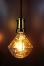 A retro style light bulb with an unusual shape hangs on a wire and shines brightly. Vertical photo