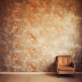 Retro style living room with brown armchair and ornate floral wallpaper. Room with classic vintage aesthetics. Generative AI Royalty Free Stock Photo