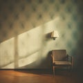 Retro style living room with old armchair, faded green wallpaper, and lamp on the wall. Vintage aesthetics. Generative AI Royalty Free Stock Photo