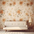 Retro style living room with white sofa, floral wallpaper, and table lamp. Modern room with vintage vibe. Generative AI
