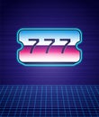 Retro style Lottery ticket icon isolated futuristic landscape background. Bingo, lotto, cash prizes. Financial success