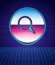 Retro style Magnifying glass icon isolated futuristic landscape background. Search, focus, zoom, business symbol. 80s