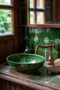 Retro style metal tap and sink in modern bathroom interior with soap bottle and green ceramic tiles wall in the Royalty Free Stock Photo