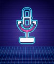 Retro style Microphone icon isolated futuristic landscape background. On air radio mic microphone. Speaker sign. 80s Royalty Free Stock Photo