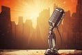 Retro style microphone on a stage at sunshine comic background generative AI