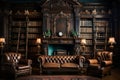 Retro-style old library with an opened book and stacks of historical books