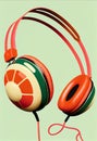 Retro style orange, green and white headphone on a mint color background