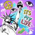 Retro style party colorful illustration. 80s fashion, 80s poster and banner. Memphis design elements and Statue of Liberty, Americ Royalty Free Stock Photo