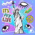 Retro style party colorful illustration. 80s fashion, 80s poster and banner. Memphis design elements and Statue of Liberty, Americ Royalty Free Stock Photo