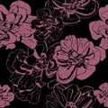 Retro-style Pattern of ink flowers on black