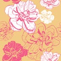 Retro-style Pattern of ink flowers in yellow and pink colors