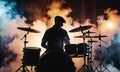 Retro style photo of drummer silhouette surrounded by smoke in concert