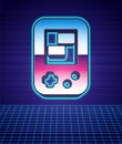 Retro style Portable tetris electronic game icon isolated futuristic landscape background. Vintage style pocket brick