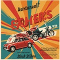 Retro-style poster featuring a vintage car and motorcycle. The design includes bold, Royalty Free Stock Photo