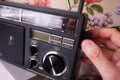 Retro style radio for FM and AM radio reception. Can also listen to MP3 files. Details and close-up. Royalty Free Stock Photo