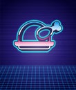 Retro style Roasted turkey or chicken icon isolated futuristic landscape background. 80s fashion party. Vector