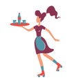 Retro style roller waitress serving flat color vector faceless character