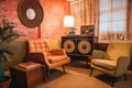 retro-style room with plush and cozy armchairs, vintage radio, and retro record player Royalty Free Stock Photo