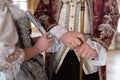 Retro style royal medieval ball - Majestic palace with gorgeous people dressed in king and queen`s friends dresses with