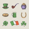 Retro Style Saint Patricks Illustrations Collection. Hand Drawn Leprechaun Hat, Coins, Shamrock, Irish Flag, and Beer Royalty Free Stock Photo