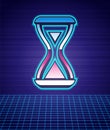 Retro style Sauna hourglass icon isolated futuristic landscape background. Sauna timer. 80s fashion party. Vector