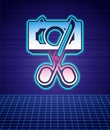 Retro style Scissors cutting money icon isolated futuristic landscape background. Price, cost reduction or price Royalty Free Stock Photo