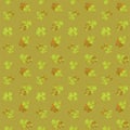 Retro-style Seamless pattern with clover leaf and ladybugs. Beige color background and grass. Royalty Free Stock Photo