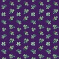 Retro-style Seamless pattern with clover leaf and ladybugs. Clover grass on violet background. Royalty Free Stock Photo