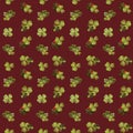 Retro-style Seamless pattern with clover leaf and ladybugs. Clover grass on red background. Royalty Free Stock Photo