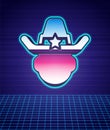 Retro style Sheriff cowboy hat with star badge icon isolated futuristic landscape background. Police officer. 80s