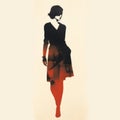 Retro Style Silhouette Of Woman: Minimalist Monotype Print