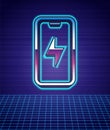 Retro style Smartphone charging battery icon isolated futuristic landscape background. Phone with a low battery charge Royalty Free Stock Photo