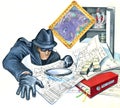Retro style spy man cracked the safe and look through magnifying glass at top secret property Royalty Free Stock Photo